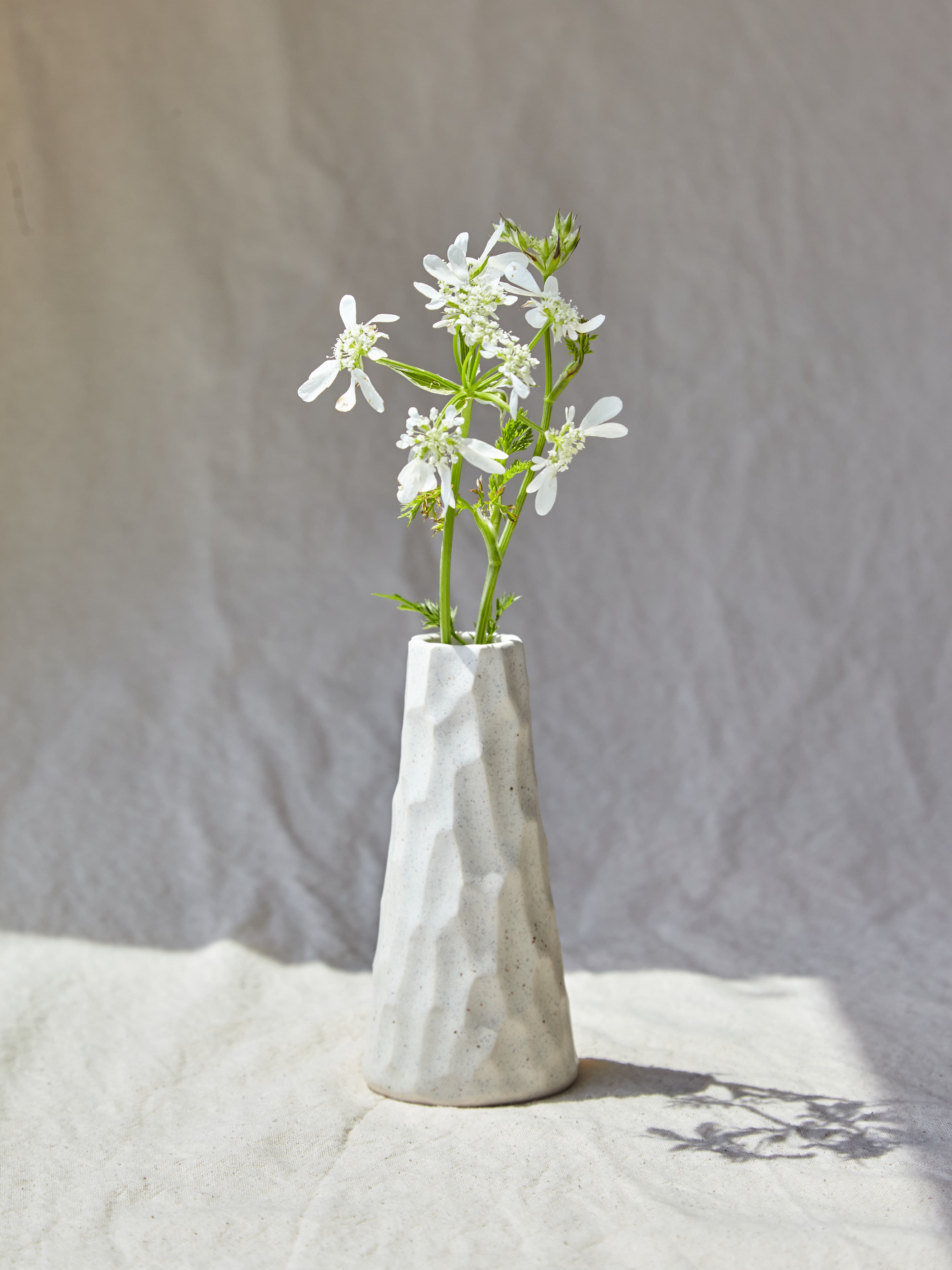 A small hand-carved ceramic vase with white wildflowers
